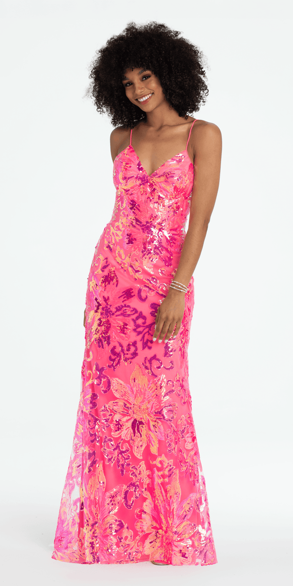 Strappy Lace Up Back Trumpet Dress with Sequin Floral Motif - Camille La Vie