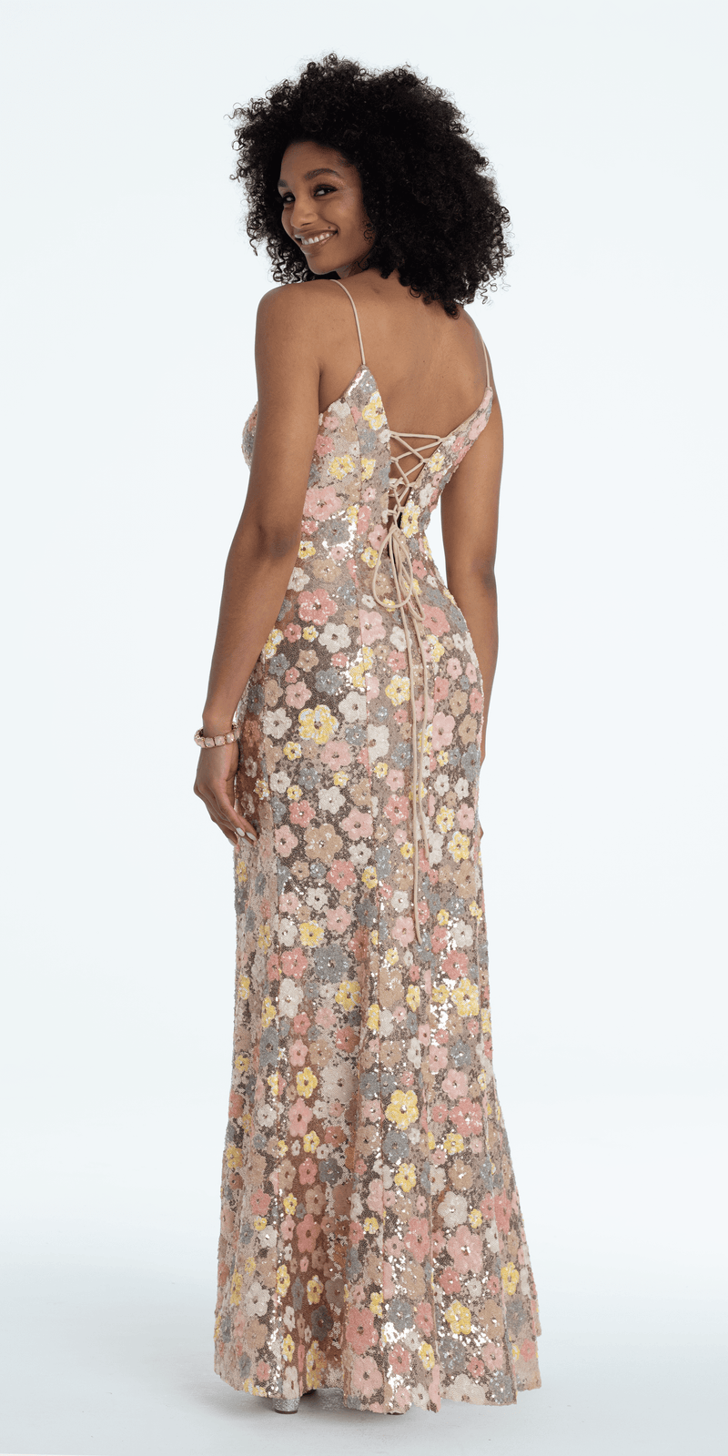 Plunging Sequin Daisy Lace Up Back Trumpet Dress - Camille La Vie