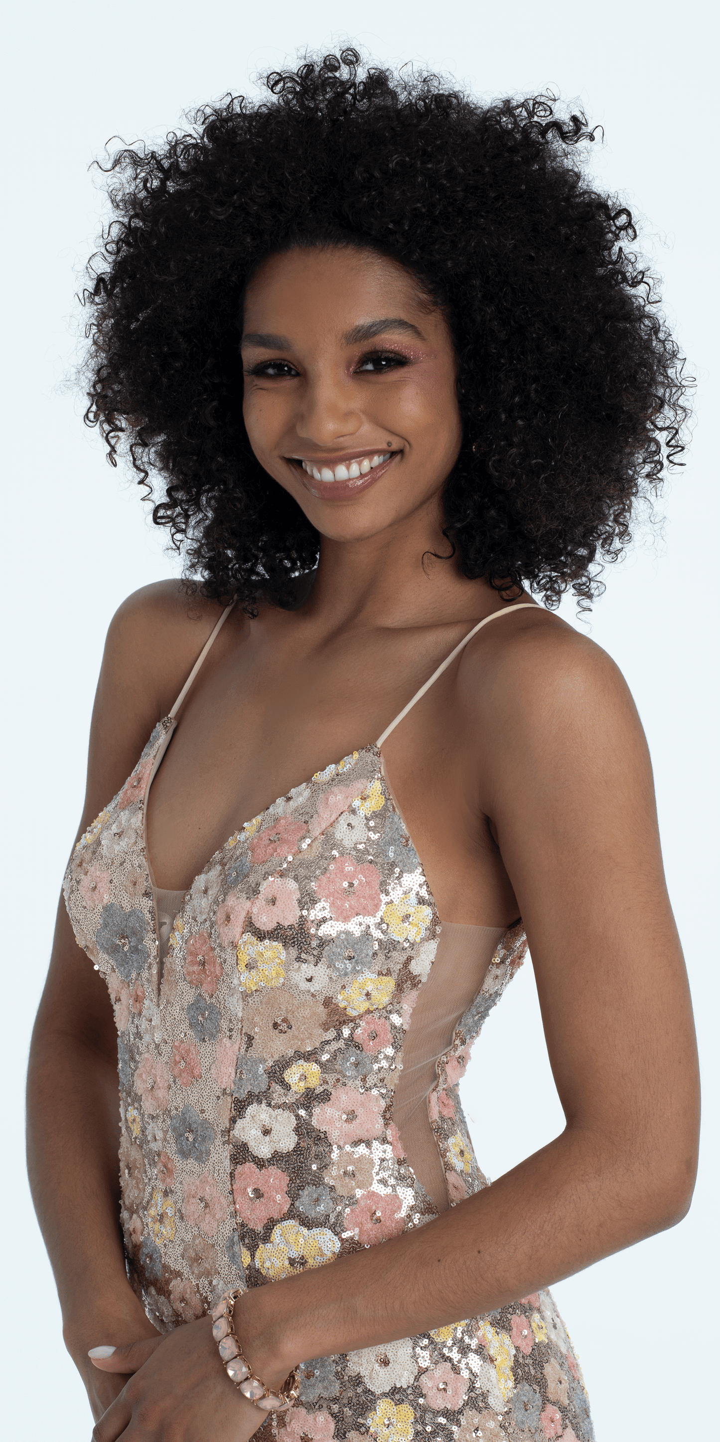 Plunging Sequin Daisy Lace Up Back Trumpet Dress - Camille La Vie