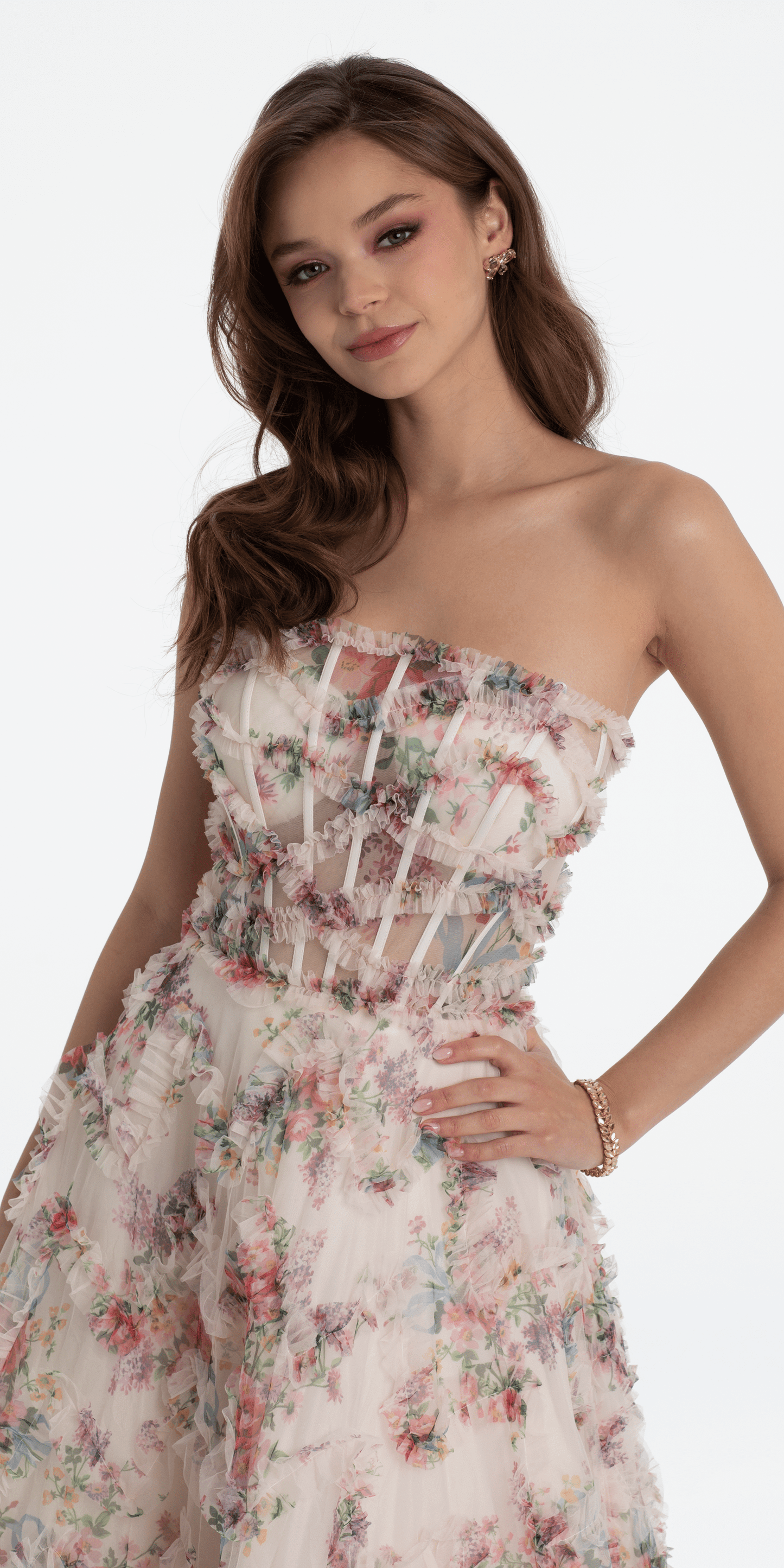 Strapless Ruffle Floral Print Ballgown - Camille La Vie