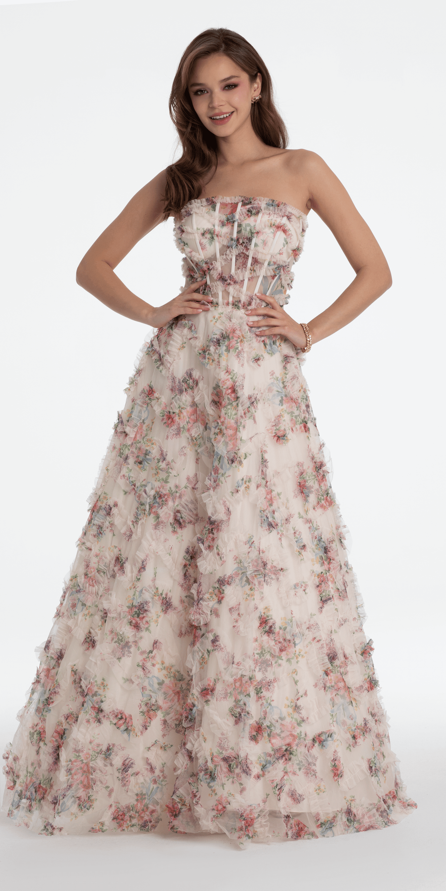 ivory-multi/size/4/missy/Camille La Vie/Strapless Ruffle Floral Print Ballgown/front