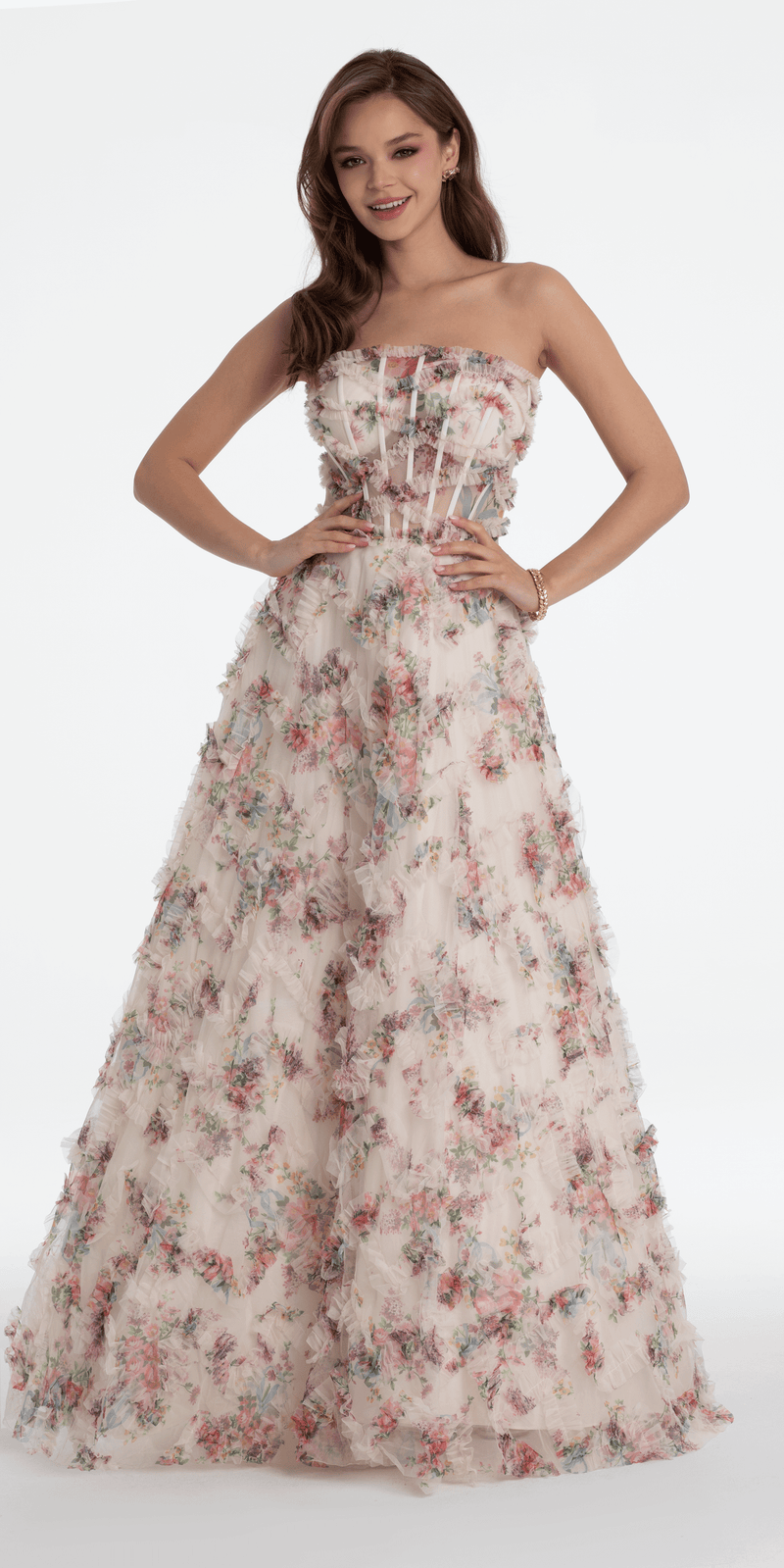 ivory-multi/size/4/missy/Camille La Vie/Strapless Ruffle Floral Print Ballgown/front