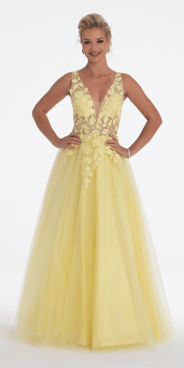 Deep V Back 3 D Floral Tulle Ballgown - Camille La Vie