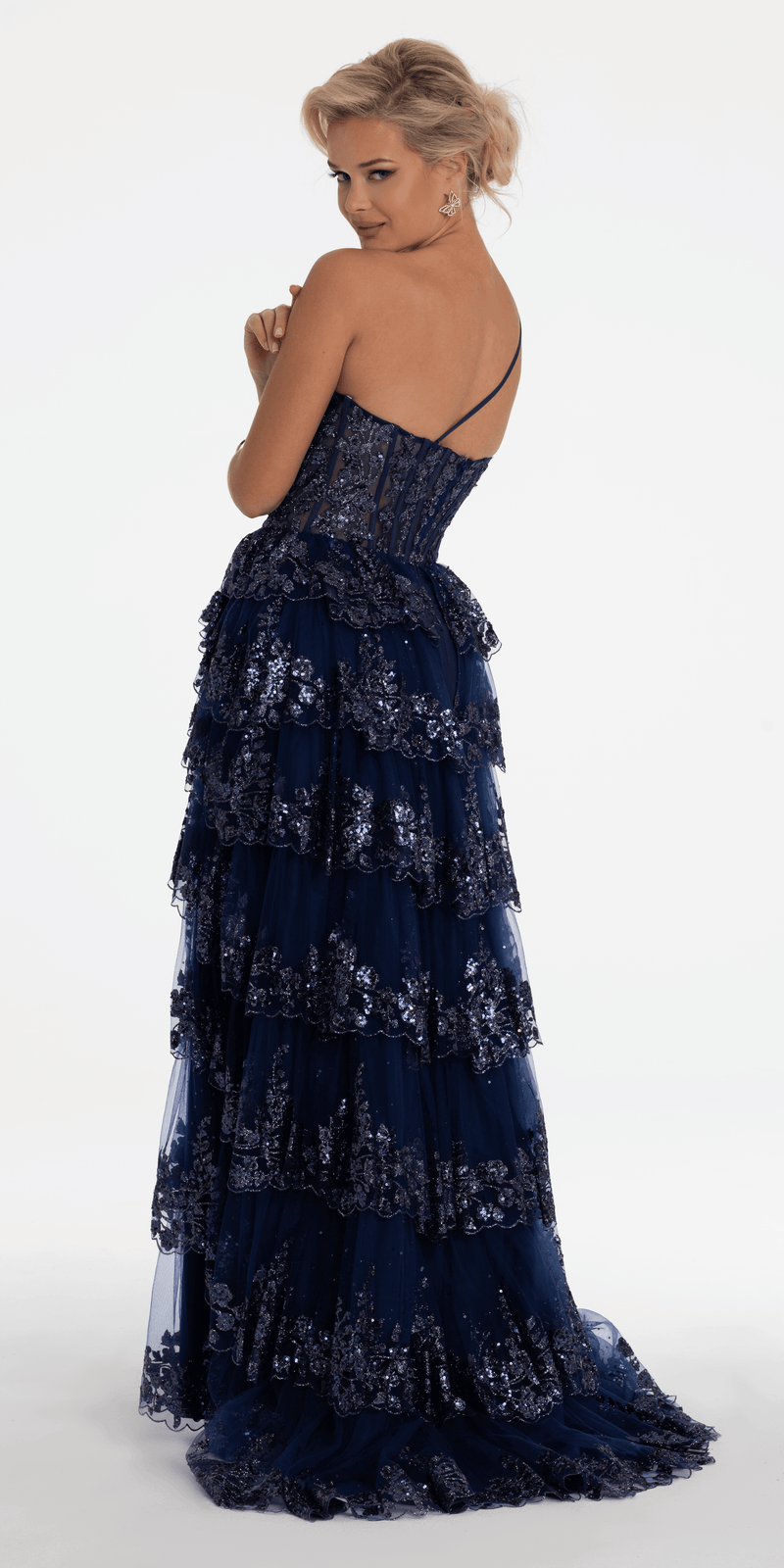 One Shoulder Glitter Corset Tiered Ballgown - Camille La Vie