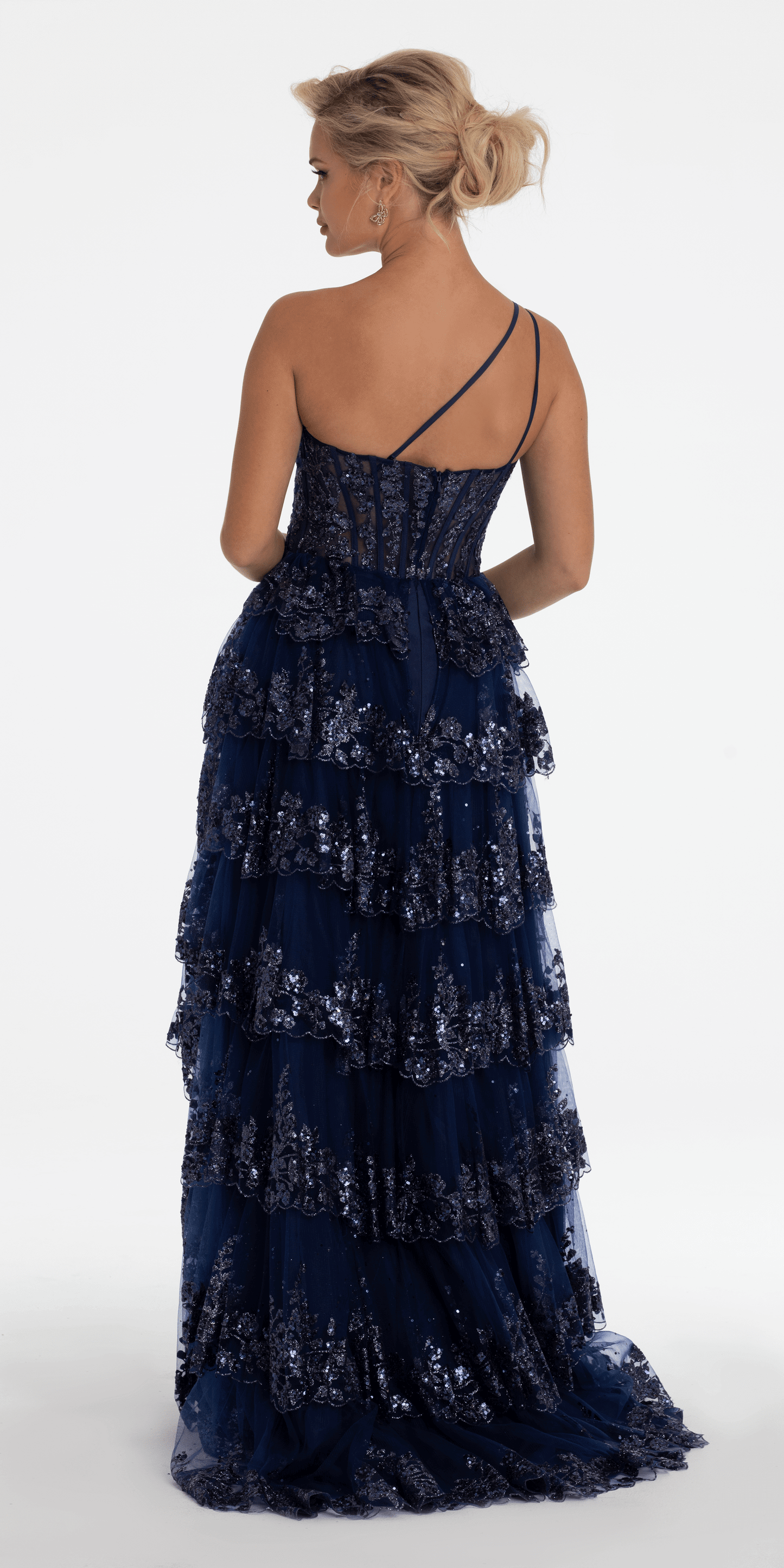 One Shoulder Glitter Corset Tiered Ballgown - Camille La Vie