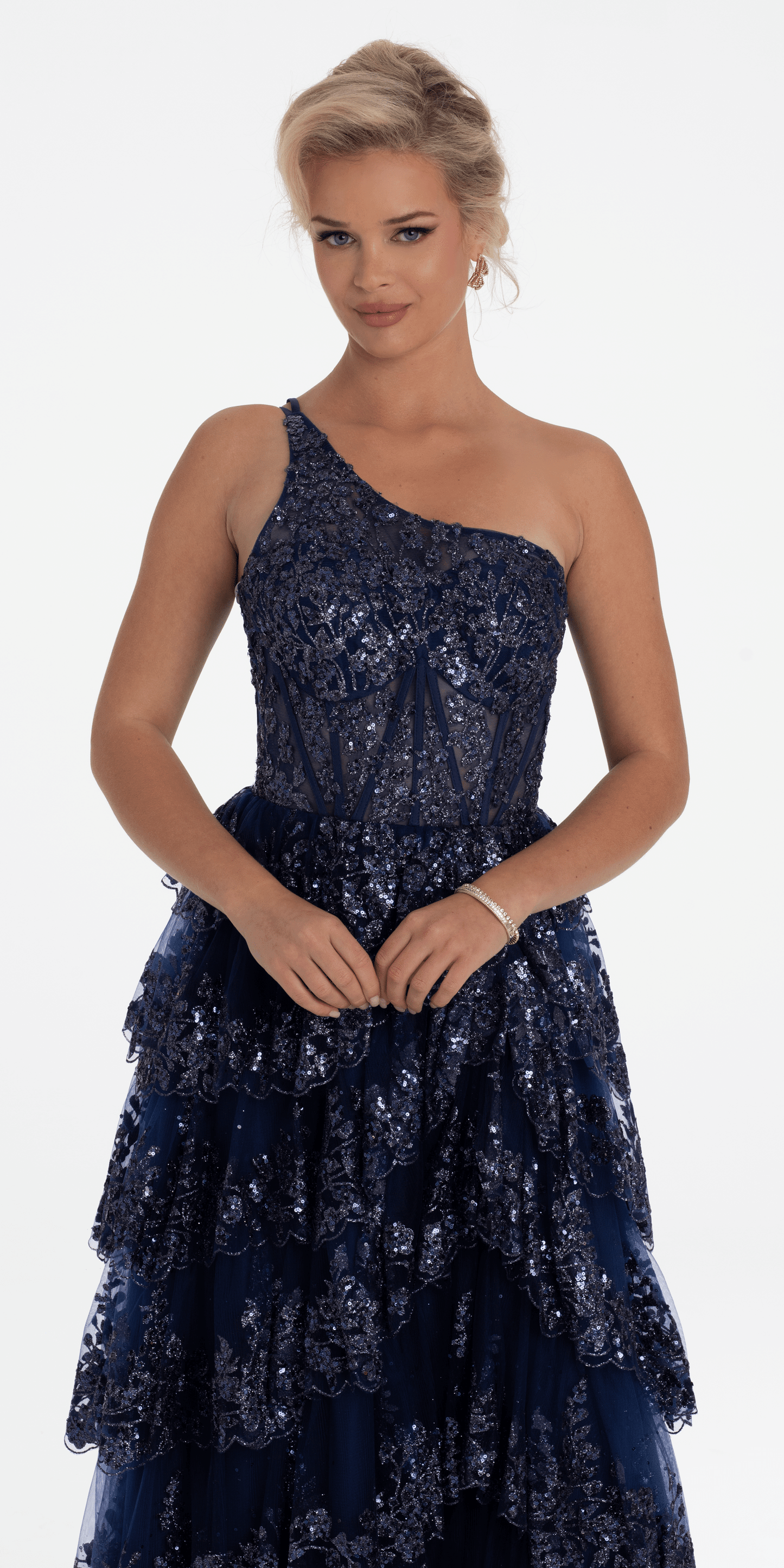 One Shoulder Glitter Corset Tiered Ballgown - Camille La Vie