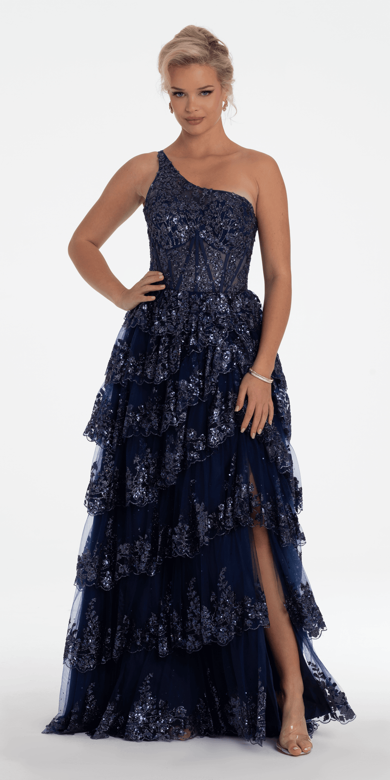 One Shoulder Glitter Corset Tiered Ballgown - Camille La Vie