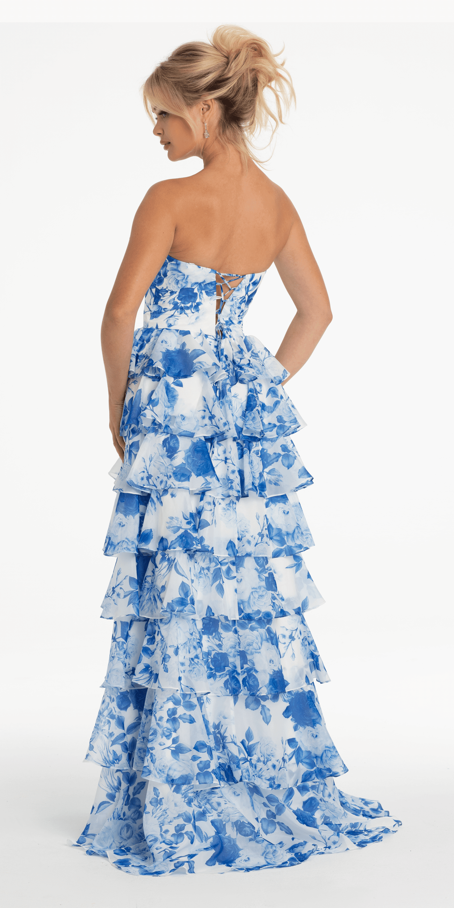 white-blue/size/4/missy/Camille La Vie/Strapless Floral Chiffon Tiered Ballgown with Side Slit/back