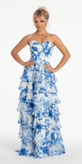 Strapless Floral Chiffon Tiered Ballgown with Side Slit - Camille La Vie