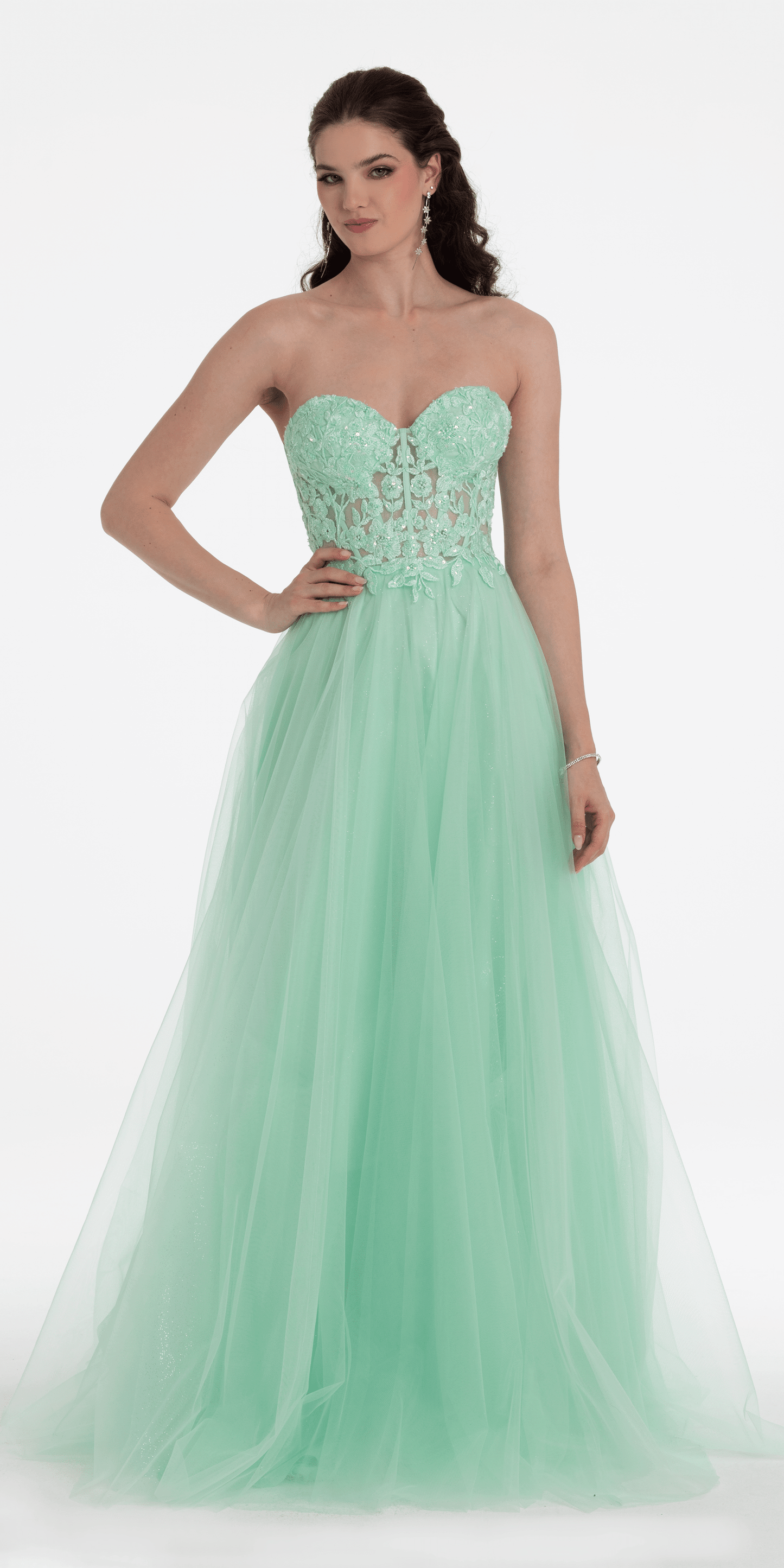 Sweetheart Embroidered Corset Glitter Mesh Ballgown - Camille La Vie