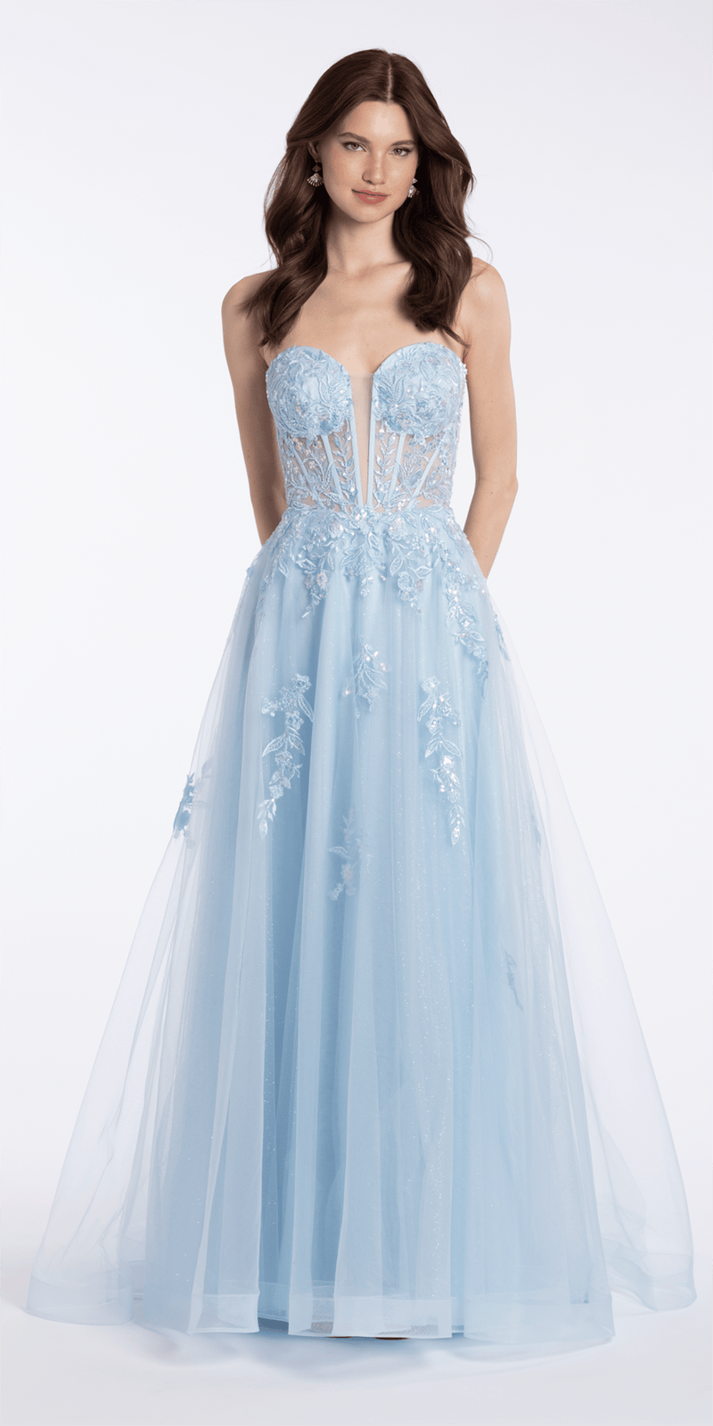 Camille La Vie Sequin Applique Corset Plunge Tulle Ballgown missy / 00 / light-blue