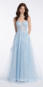 Camille La Vie Sequin Applique Corset Plunge Tulle Ballgown missy / 00 / light-blue