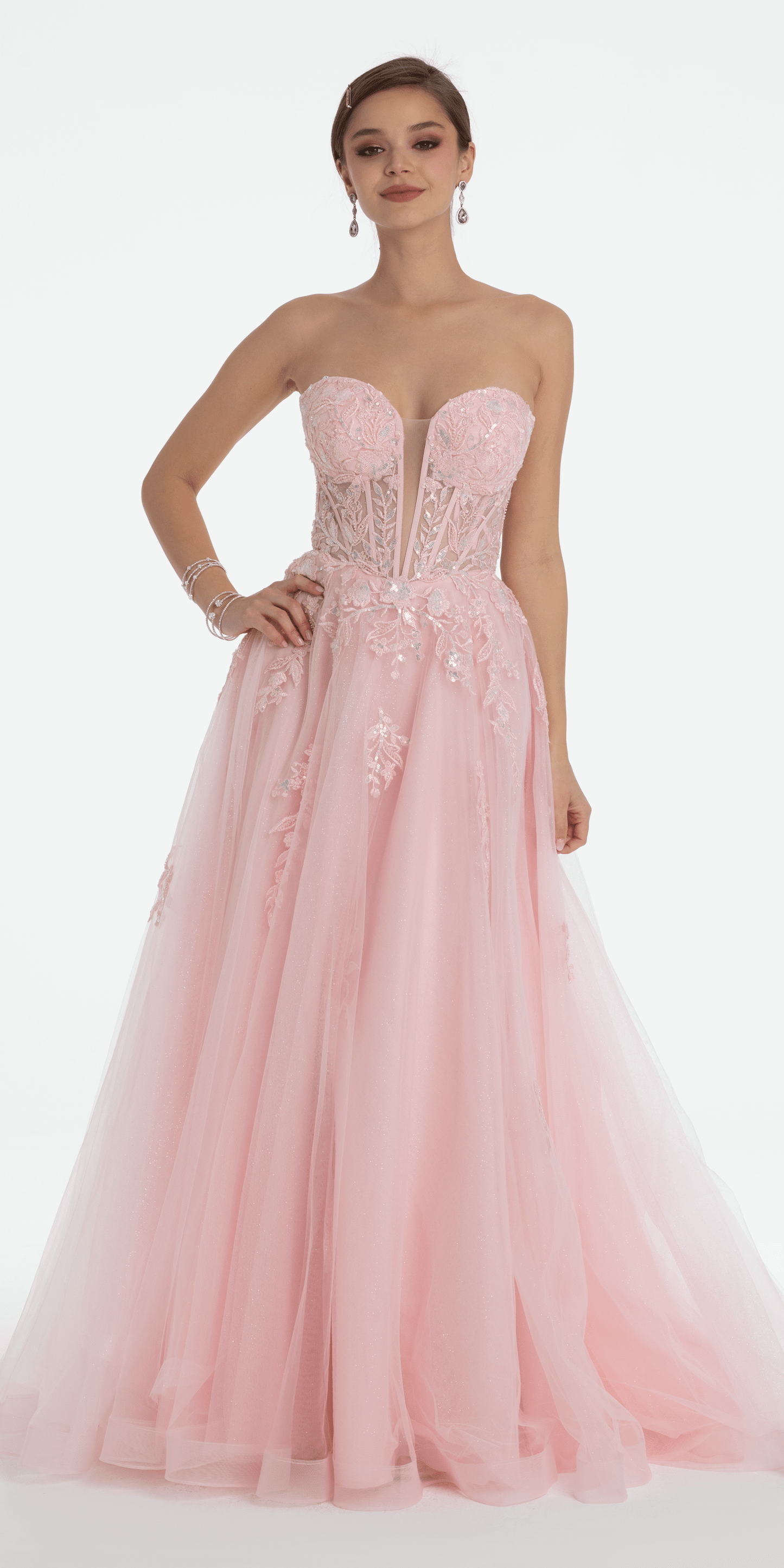 Sequin Applique Corset Plunge Tulle Ballgown - Camille La Vie