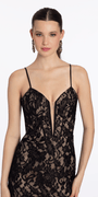 Lace Corset Plunge Dress with Sweep Train and Side Slit - Camille La Vie