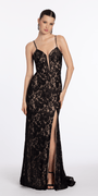 Lace Corset Plunge Dress with Sweep Train and Side Slit - Camille La Vie