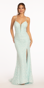 ivory/size/4/Camille La Vie/Lace Corset Plunge Dress with Sweep Train and Side Slit/front