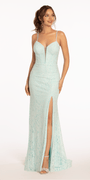 ivory/size/4/Camille La Vie/Lace Corset Plunge Dress with Sweep Train and Side Slit/front alt