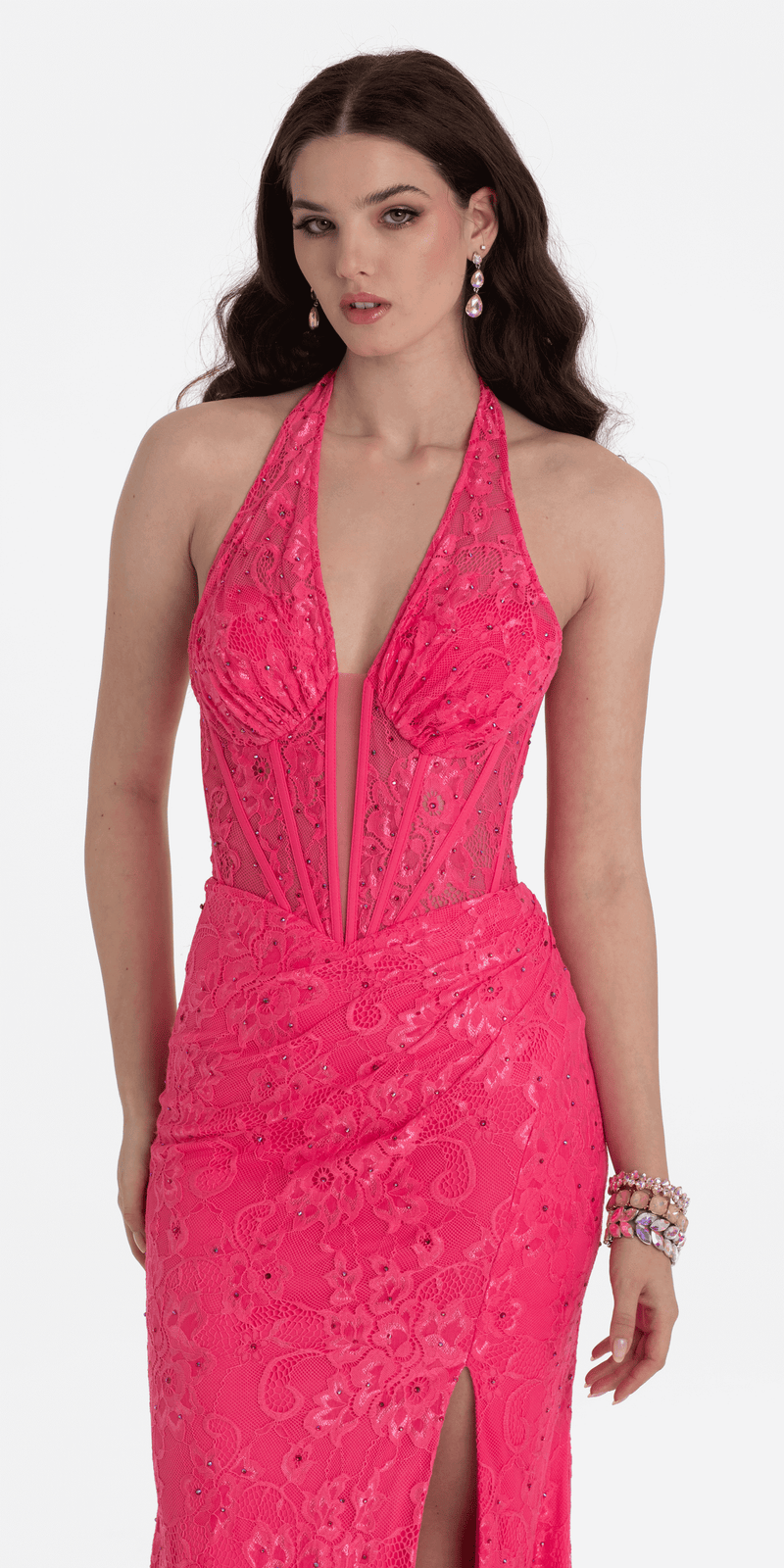 Beaded Stretch Lace Halter Corset Column Dress - Camille La Vie