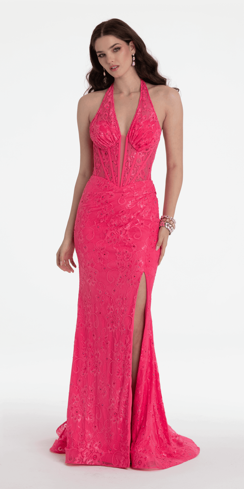 Beaded Stretch Lace Halter Corset Column Dress - Camille La Vie
