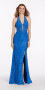 Beaded Stretch Lace Halter Corset Column Dress - Camille La Vie