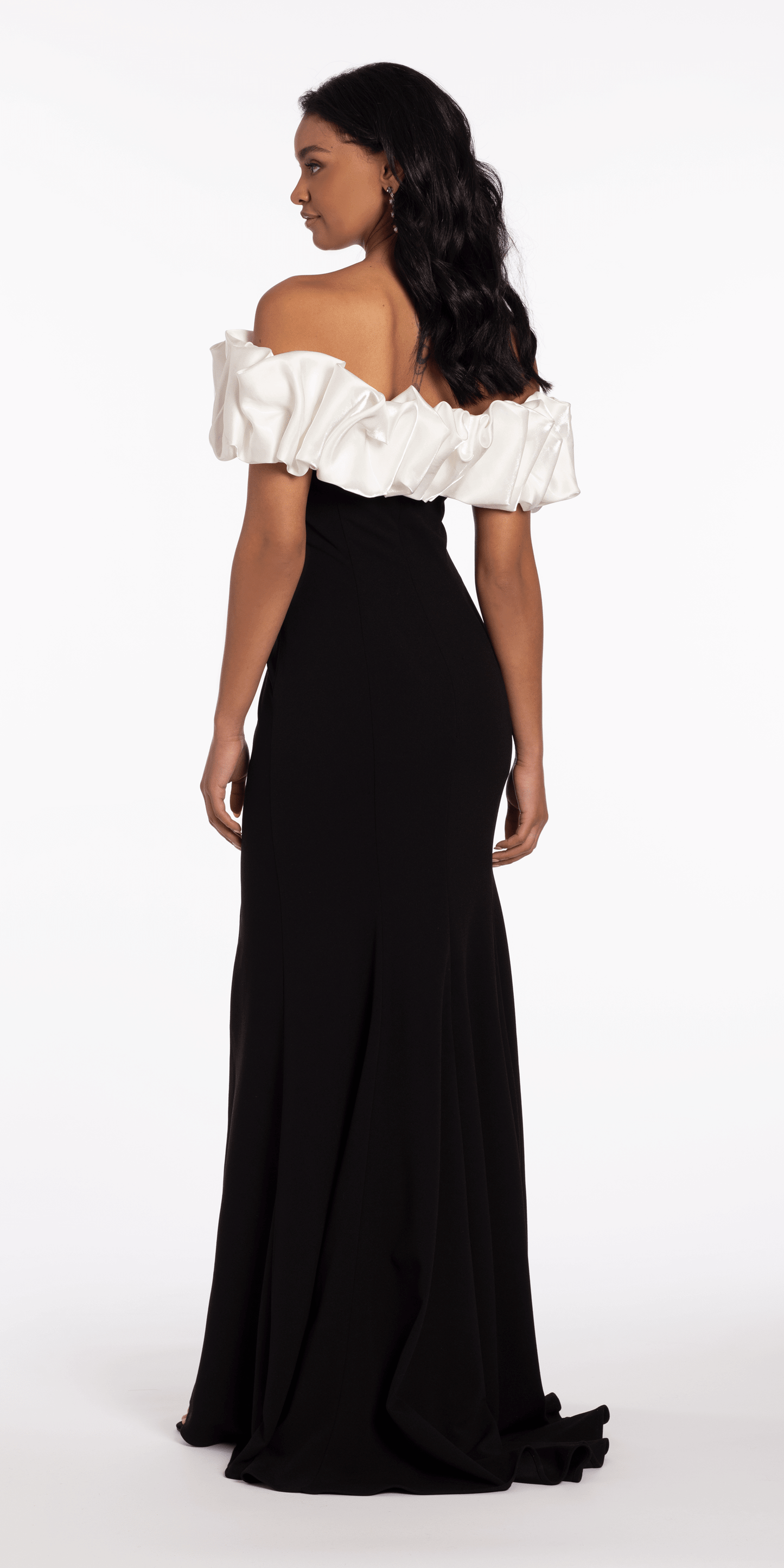 ivory-black/size/4/missy/Camille La Vie/Two Tone Ruffle Off the Shoulder Crepe Trumpet Dress/back alt