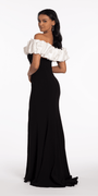 ivory-black/size/4/missy/Camille La Vie/Two Tone Ruffle Off the Shoulder Crepe Trumpet Dress/back