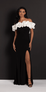ivory-black/size/4/missy/Camille La Vie/Two Tone Ruffle Off the Shoulder Crepe Trumpet Dress/alt