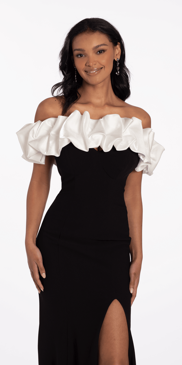 ivory-black/size/4/missy/Camille La Vie/Two Tone Ruffle Off the Shoulder Crepe Trumpet Dress/close up