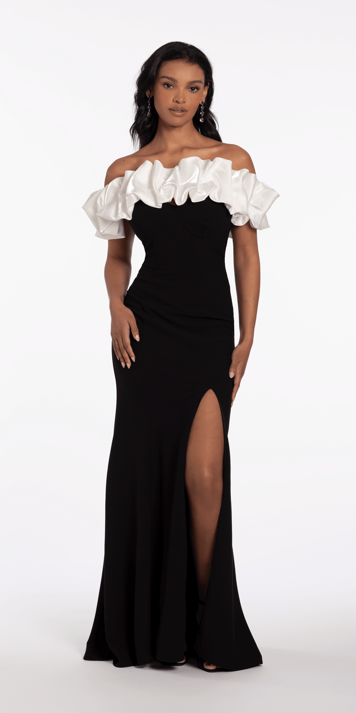 ivory-black/size/4/missy/Camille La Vie/Two Tone Ruffle Off the Shoulder Crepe Trumpet Dress/front