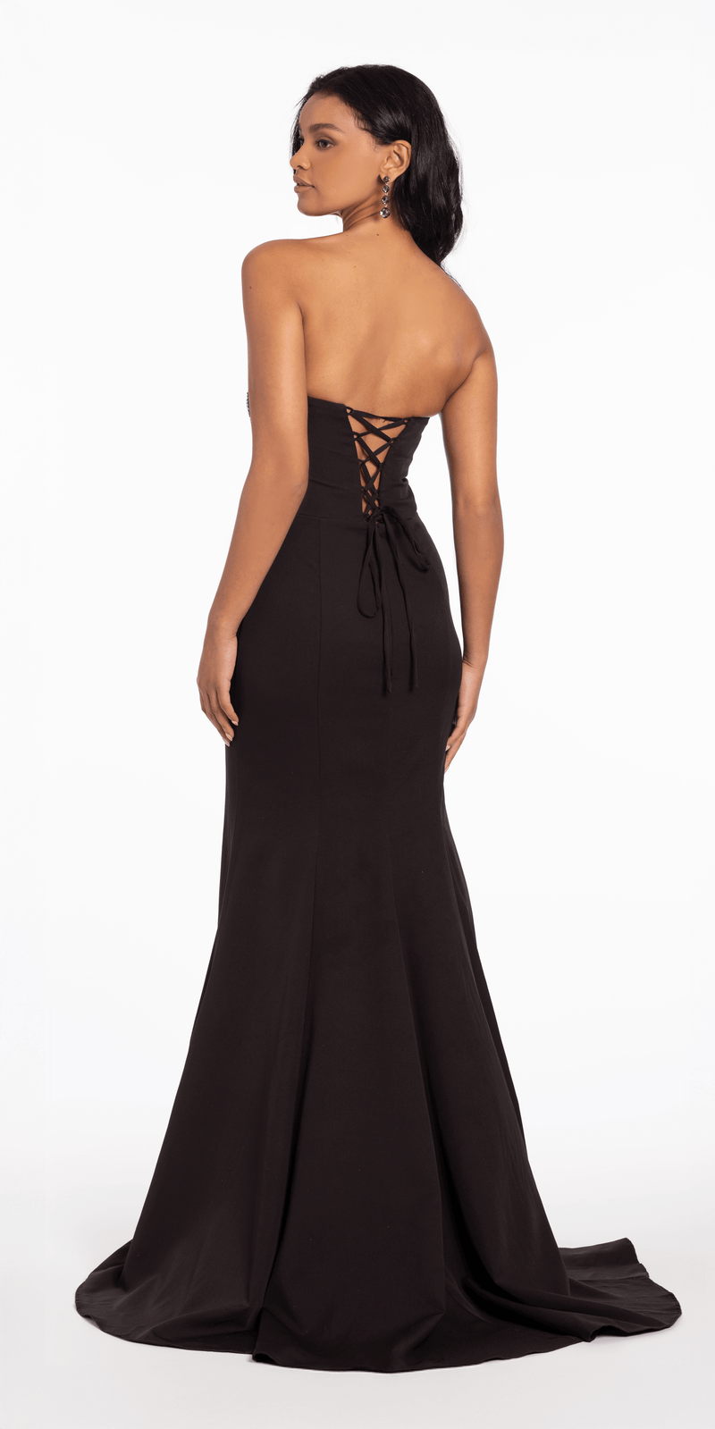 Lace Up Back Strapless Scuba Trumpet Dress with Rhinestone Detail - Camille La Vie