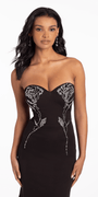 Lace Up Back Strapless Scuba Trumpet Dress with Rhinestone Detail - Camille La Vie