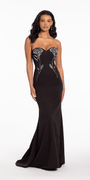 Lace Up Back Strapless Scuba Trumpet Dress with Rhinestone Detail - Camille La Vie