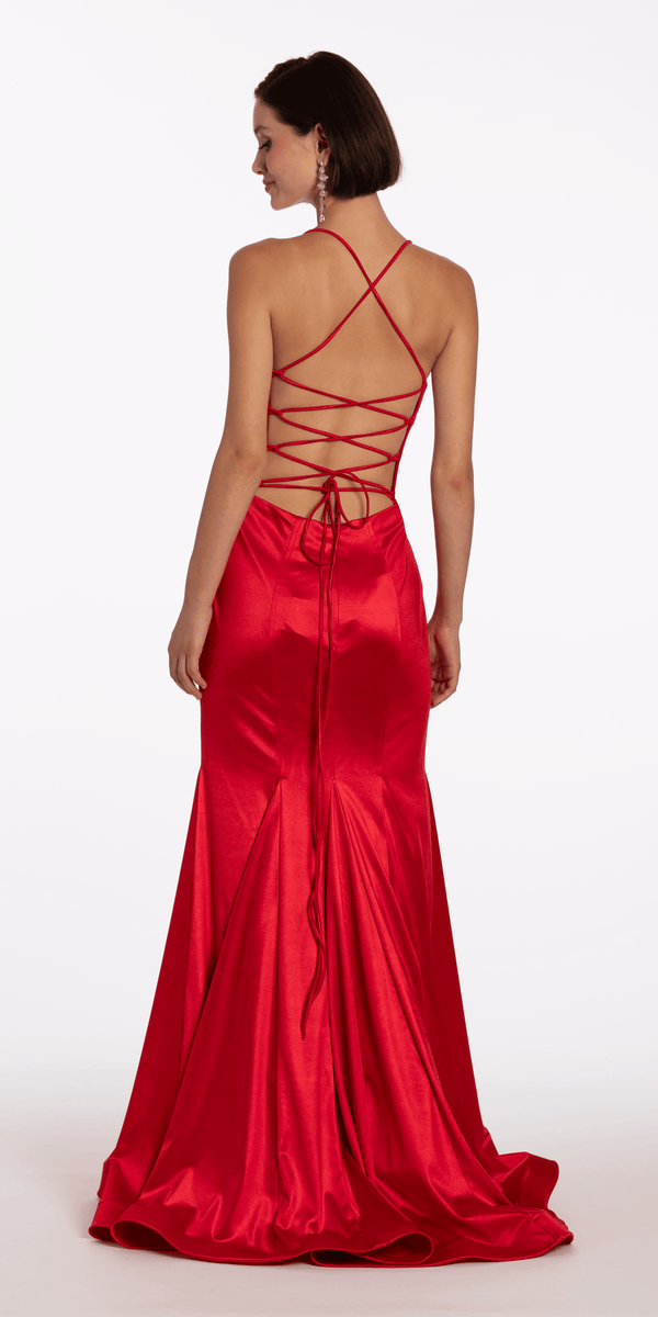 Strappy Back Satin Trumpet Dress with Godets - Camille La Vie