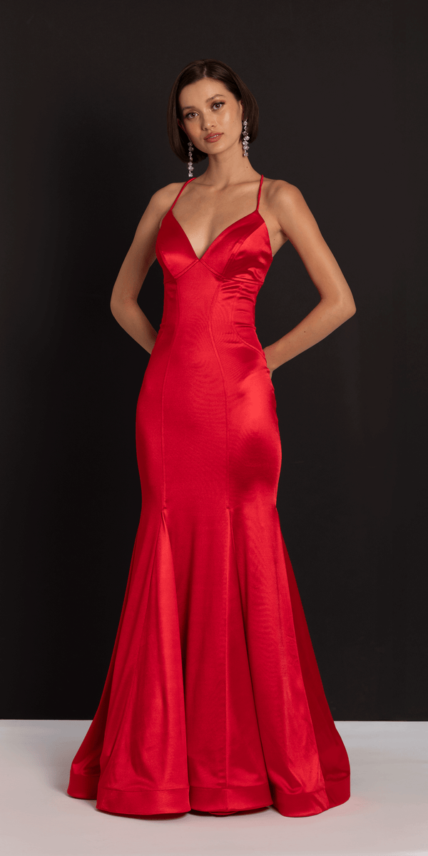 Strappy Back Satin Trumpet Dress with Godets - Camille La Vie