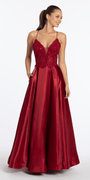 Embroidered Lace Plunge Satin Corset Ballgown with Pockets - Camille La Vie