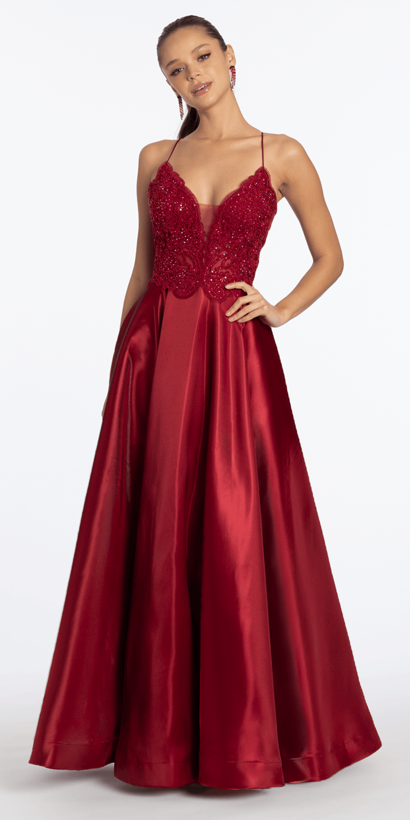 Embroidered Lace Plunge Satin Corset Ballgown with Pockets - Camille La Vie