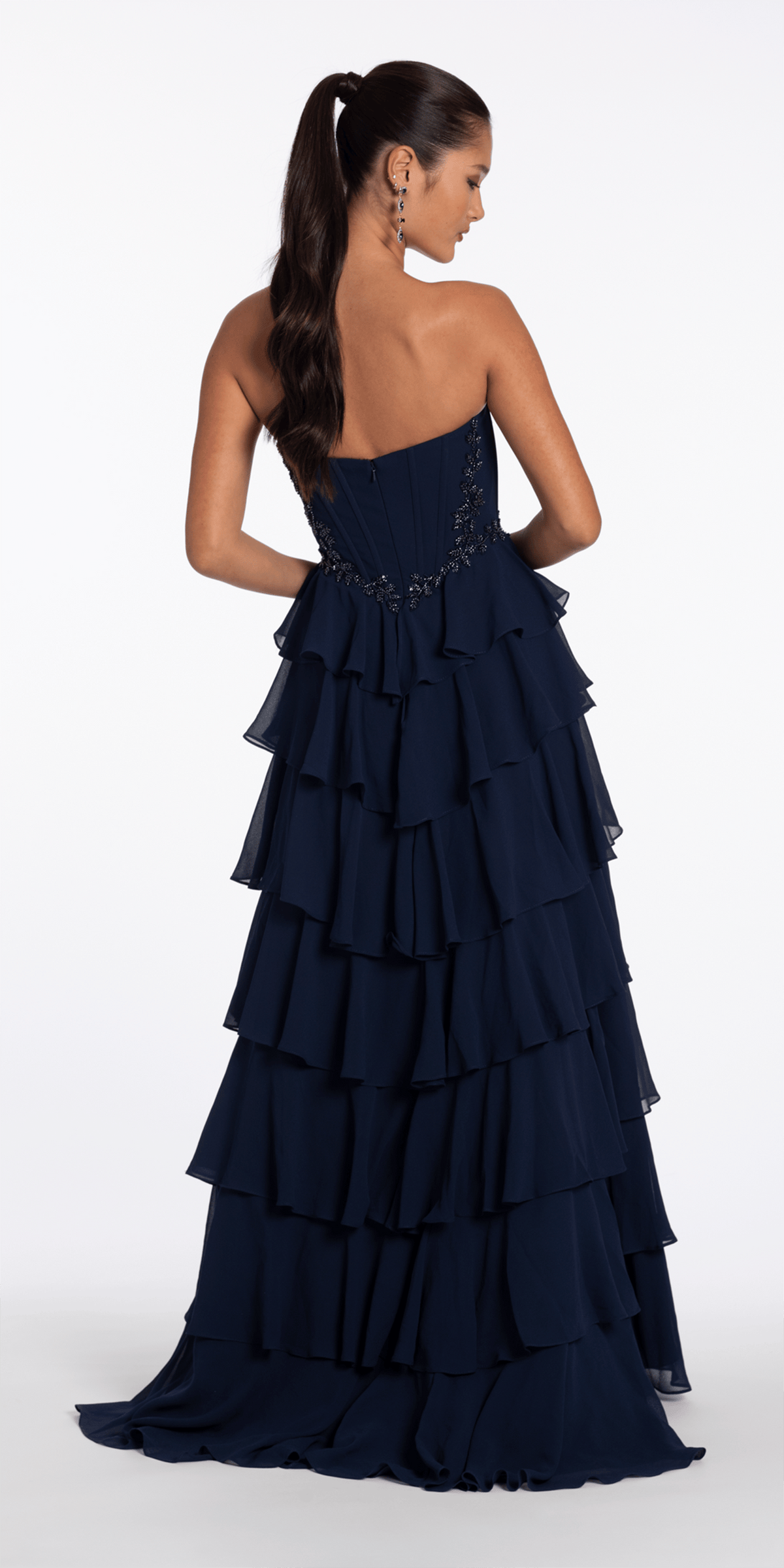 Camille La Vie Strapless Beaded Chiffon Corset Tiered Ballgown