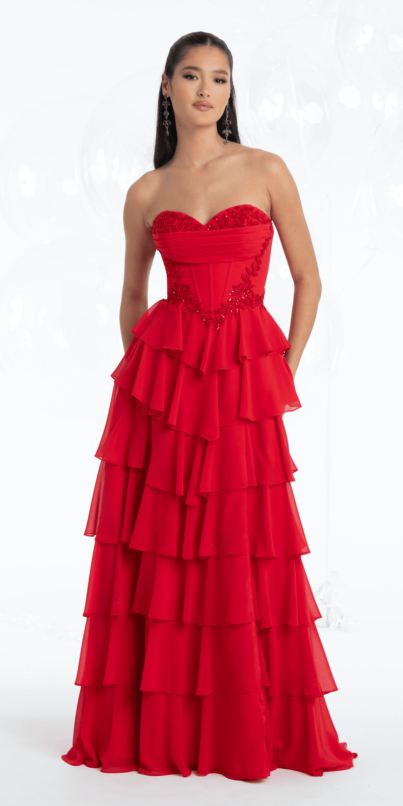Strapless Beaded Chiffon Corset Tiered Ballgown - Camille La Vie