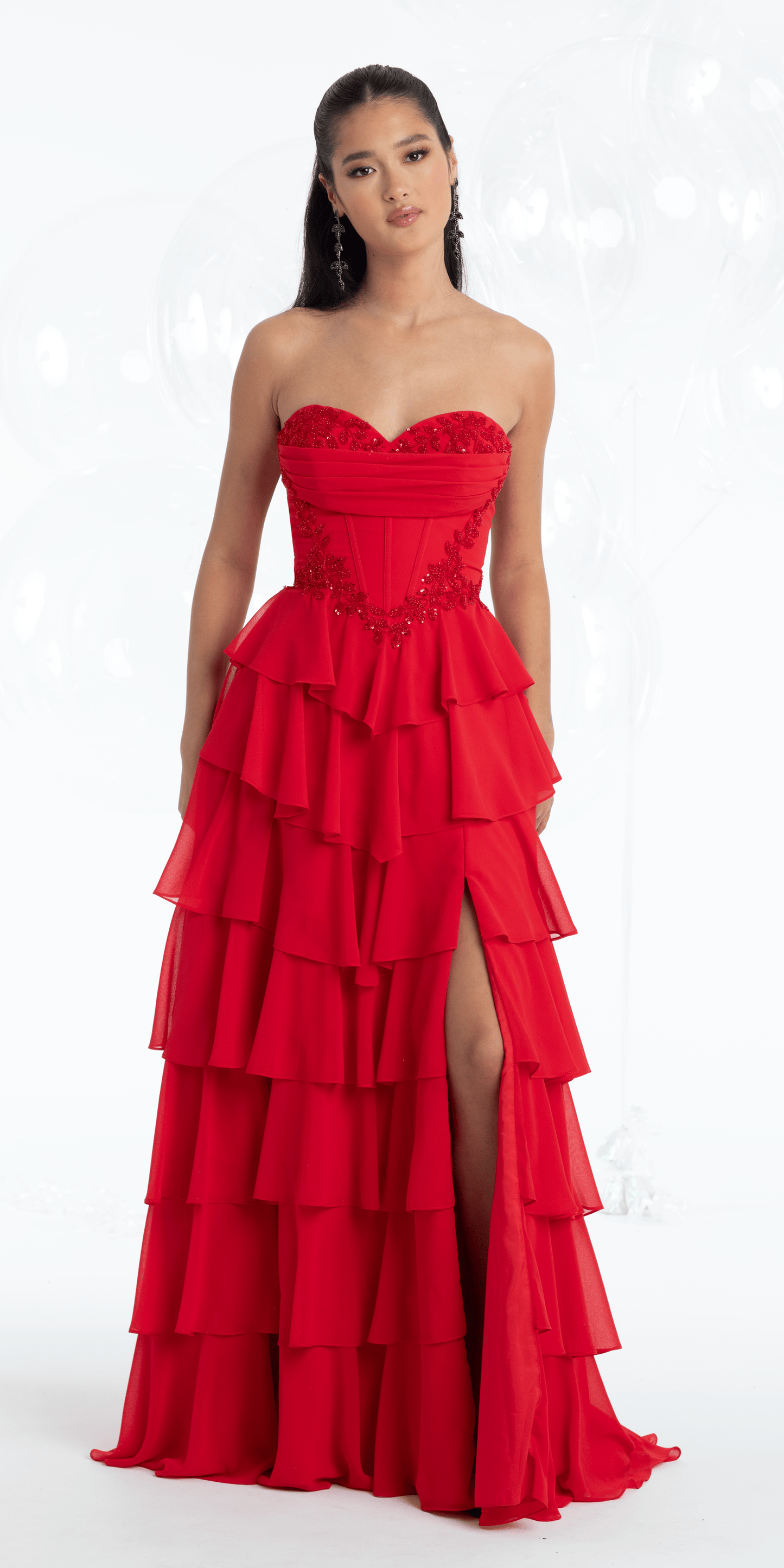 Strapless Beaded Chiffon Corset Tiered Ballgown - Camille La Vie