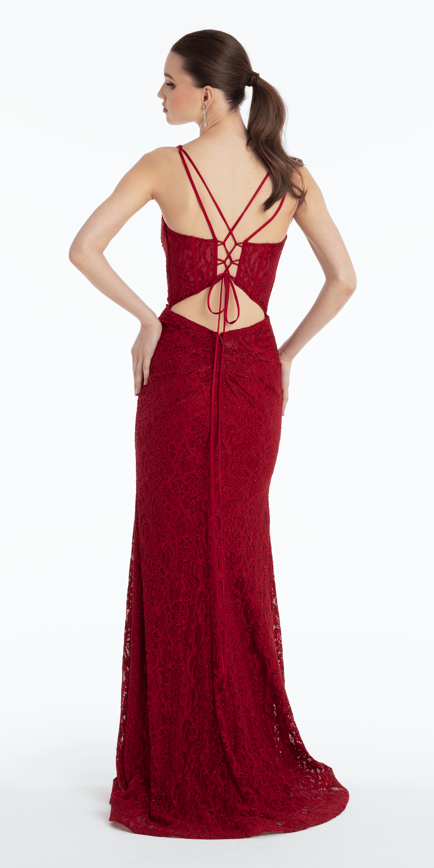 Sweetheart Lace Strappy Back Column Dress with Heat Set Stones - Camille La Vie
