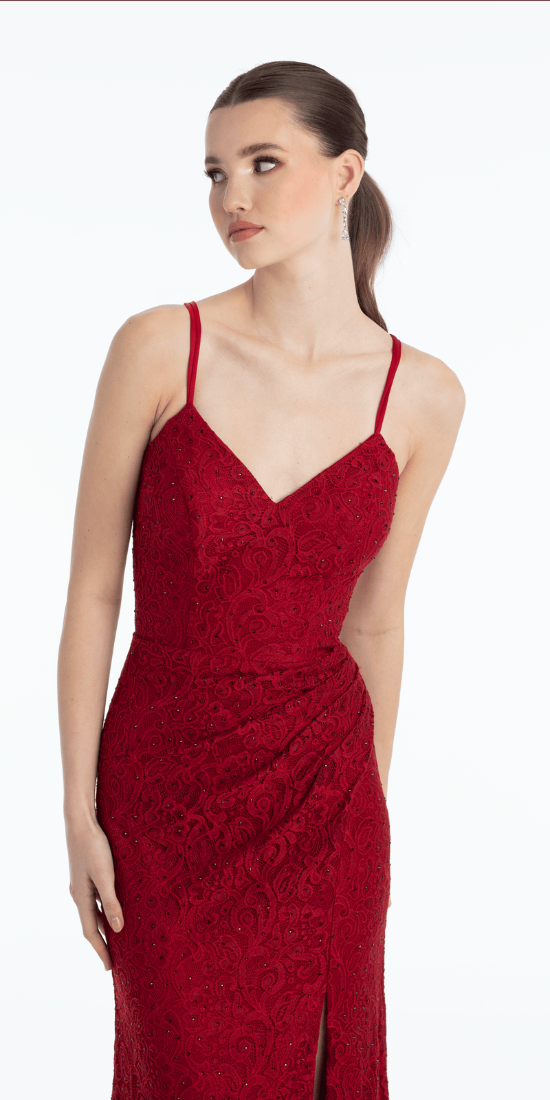 Sweetheart Lace Strappy Back Column Dress with Heat Set Stones - Camille La Vie