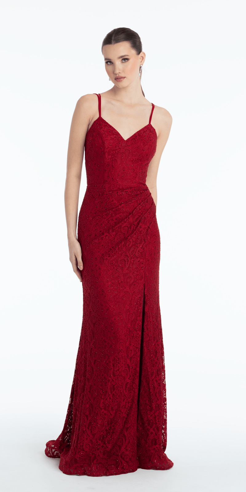 Sweetheart Lace Strappy Back Column Dress with Heat Set Stones - Camille La Vie