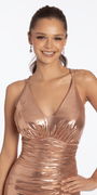Foil Halter Empire Column Dress with Ruching - Camille La Vie