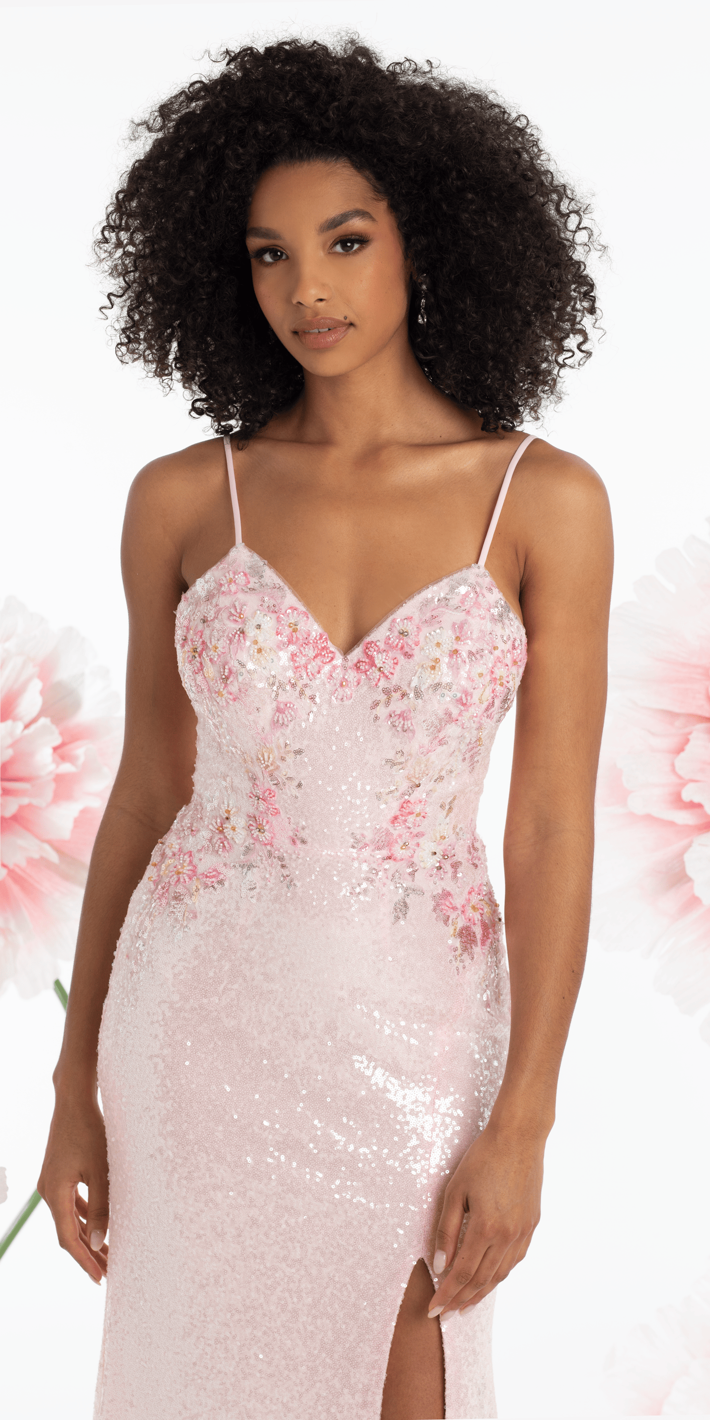 Mesh Burst of Floral Sweetheart Sequin Column Dress - Camille La Vie