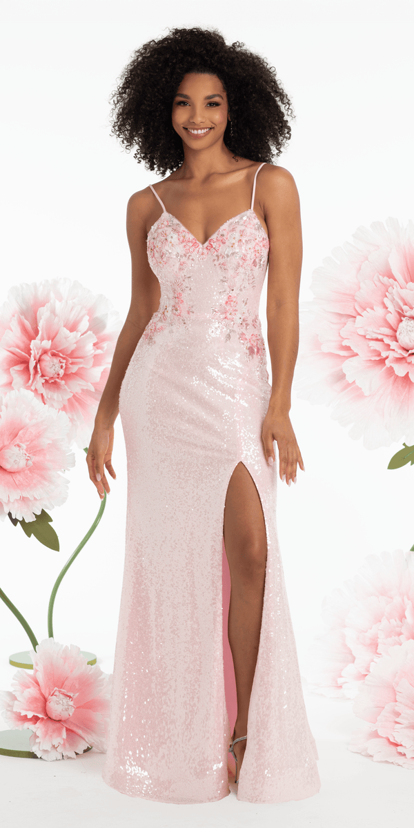Mesh Burst of Floral Sweetheart Sequin Column Dress - Camille La Vie