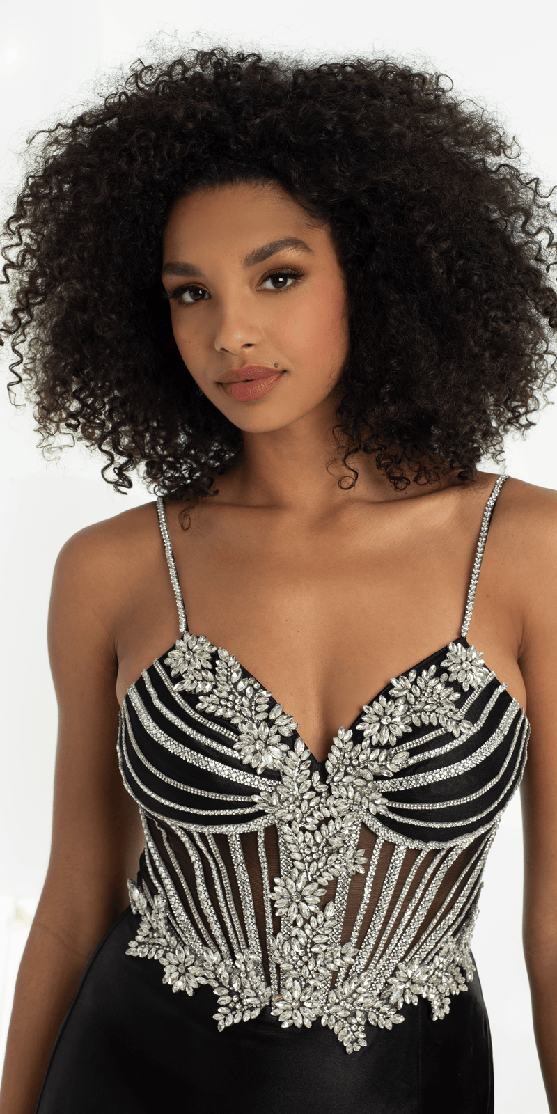 Stretch Satin Sweetheart Rhinestone Corset Column Dress - Camille La Vie