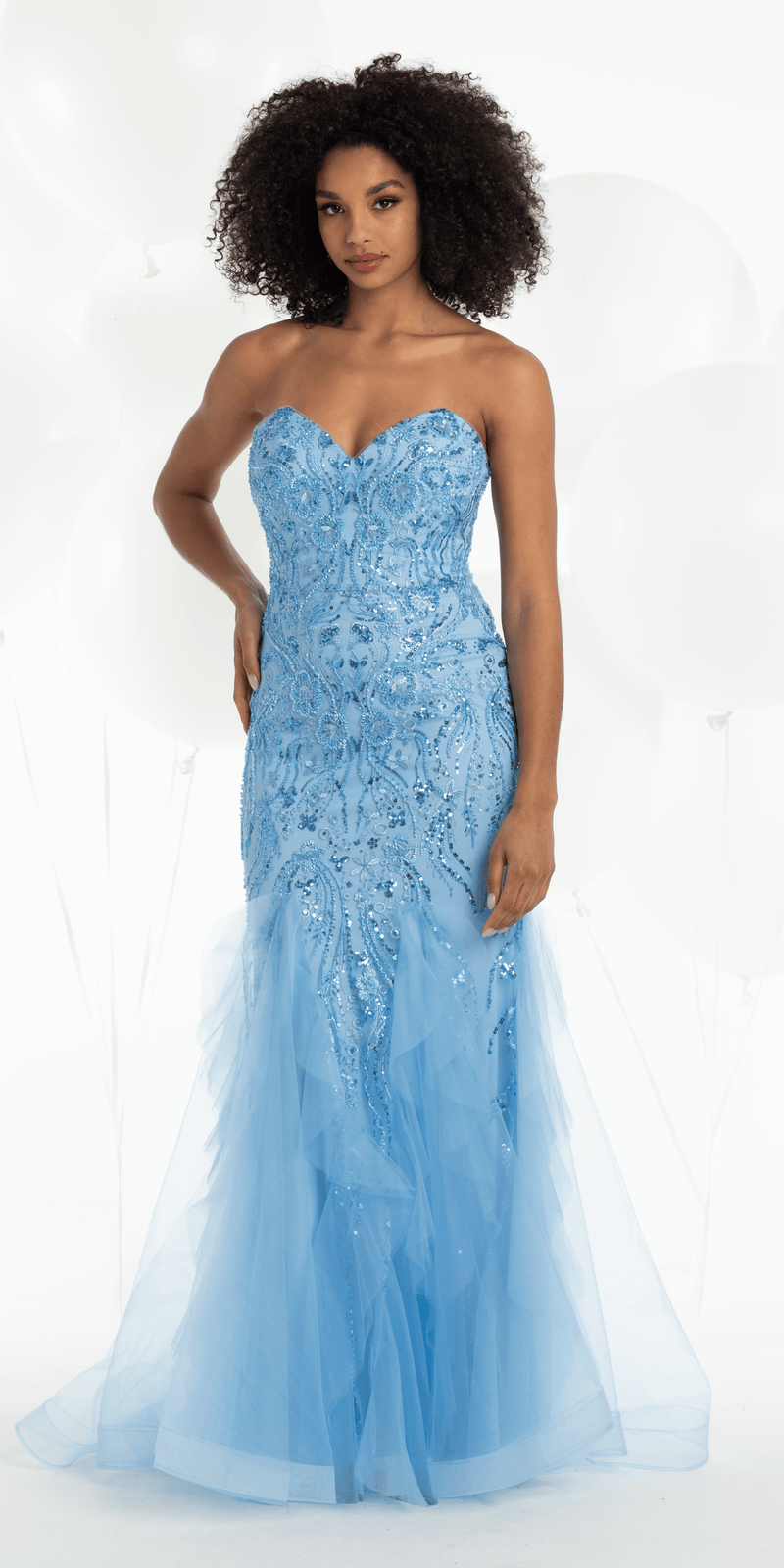 Strapless Beaded Mermaid Dress with Mesh Ruffle Godets - Camille La Vie