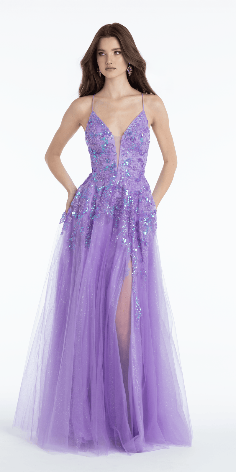 Sequin Embellished Glitter Plunge Ballgown with Side Slit - Camille La Vie