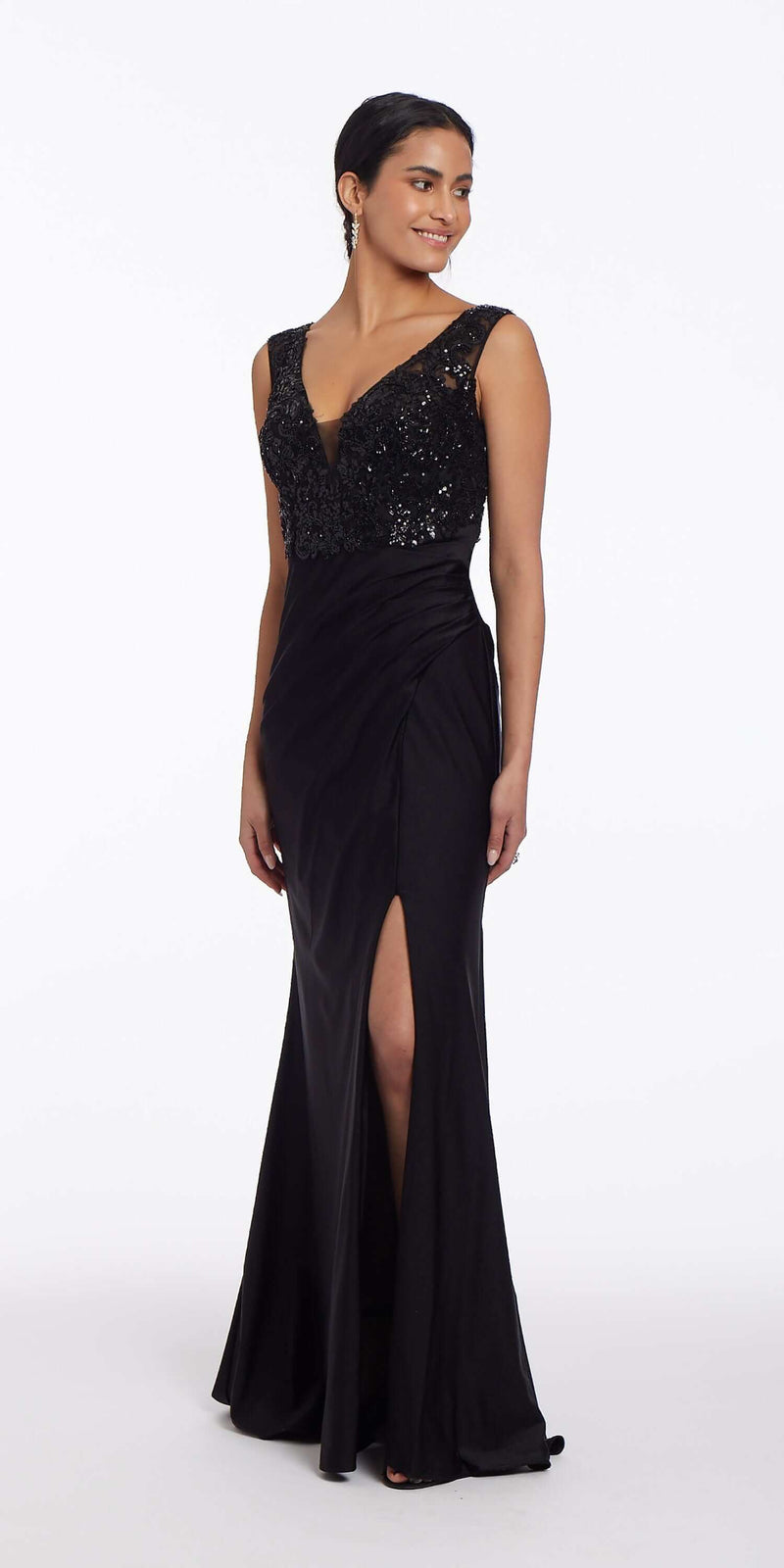 Deep V Beaded Column Dress with Slit - Camille La Vie