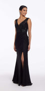 Deep V Beaded Column Dress with Slit - Camille La Vie